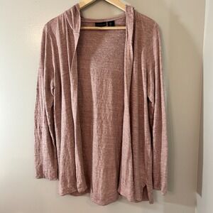 Tahari  Women's Hooded Cardigan Size L Pink 100% Linen Open Front Coastal Beach